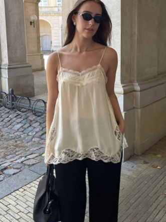 Dentelle Patchwork fronde haut femmes Sexy col en v sans manches côté fendu couleur unie nouveau été dame fête vacances hauts