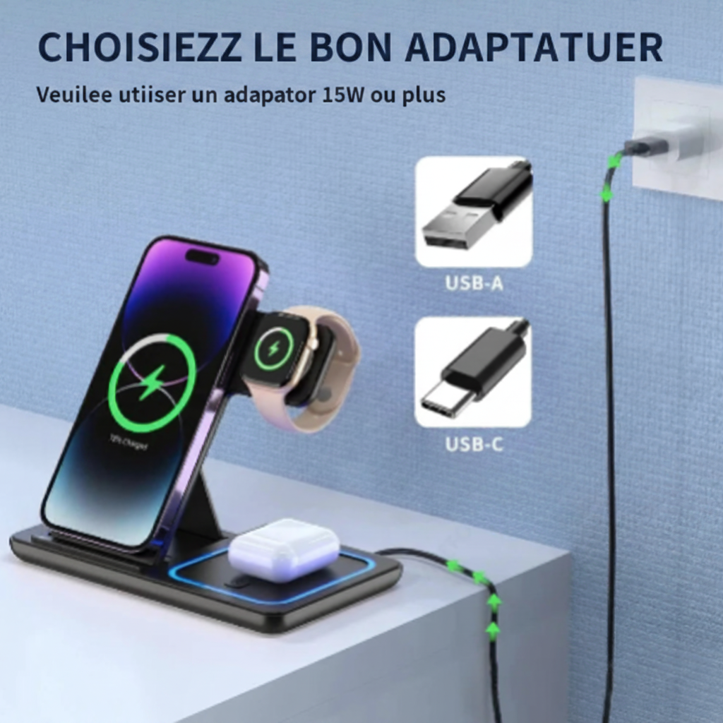 Station de Charge Sans Fil 3-en-1 Pliable — iPhone, Apple Watch & AirPods