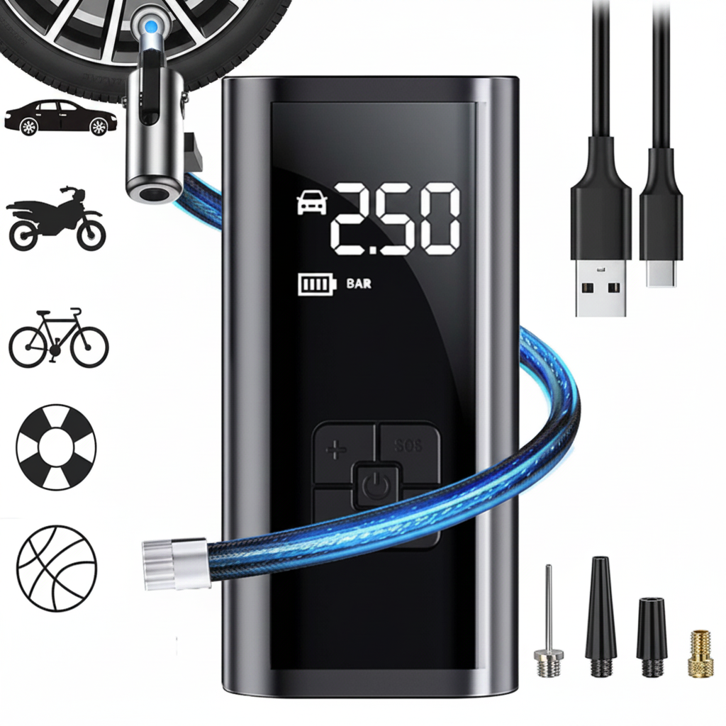 Compresseur d'Air Portatif 150PSI – Gonfleur de Pneu Sans Fil Intelligent | Voiture, Moto & Vélo