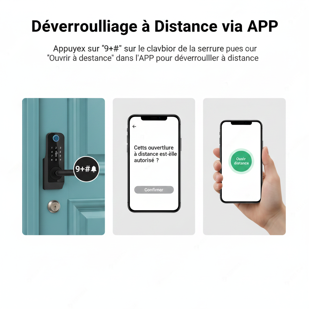 Déverrouillage à distance via APP - Appuyez sur 9+# puis confirmez dans l'application