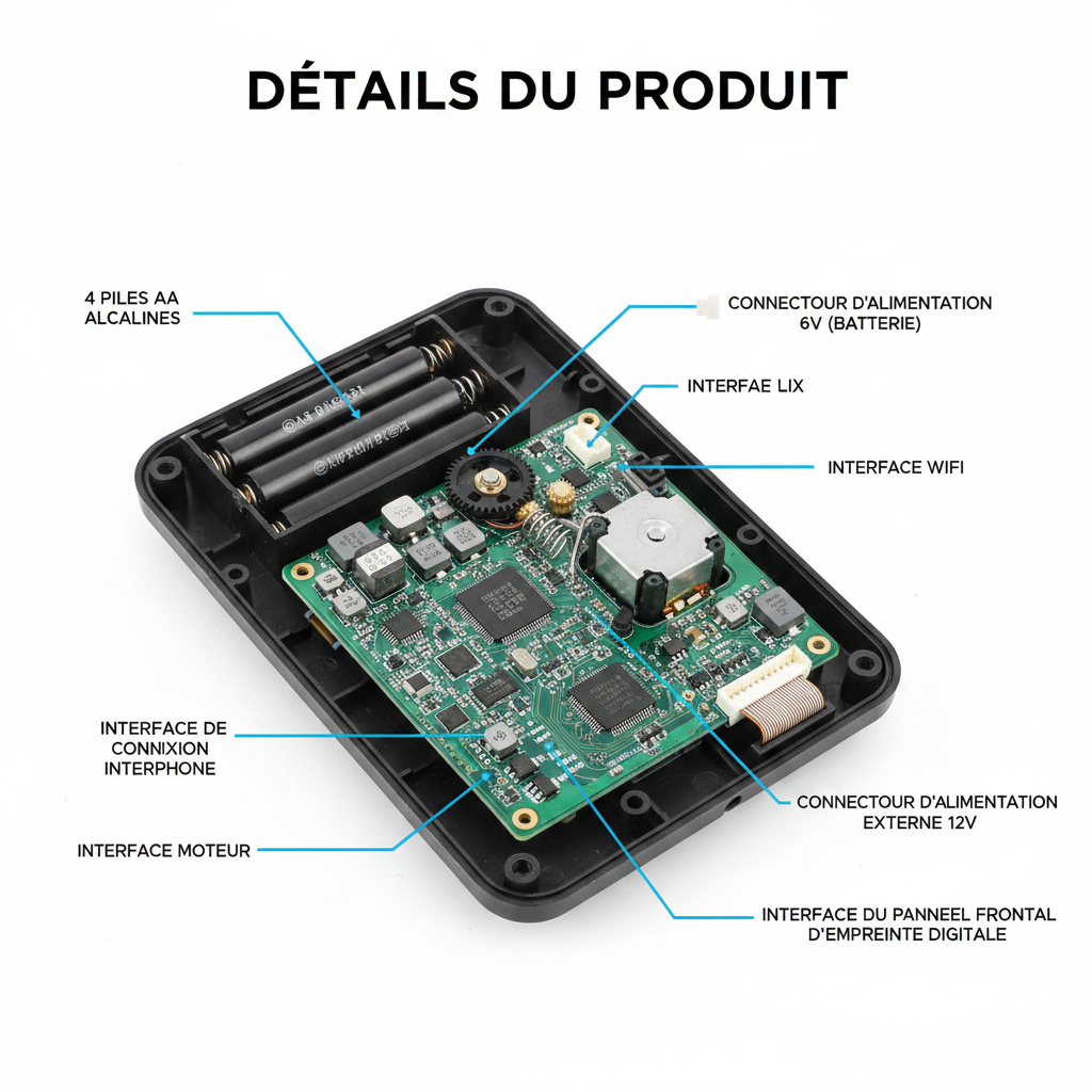 Détails du produit - Composants internes : piles AA, interface WiFi, moteur, connecteur 12V