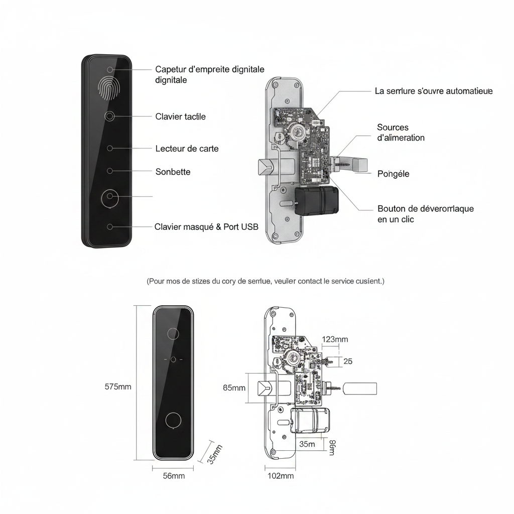 Schéma technique des composants - Capteur empreinte, clavier, lecteur de carte, dimensions