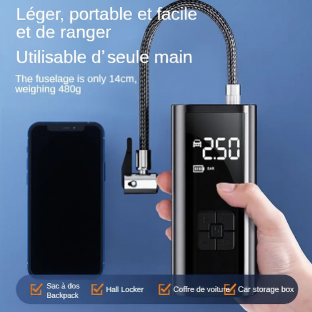 Compresseur d'Air Portatif 150PSI – Gonfleur de Pneu Sans Fil Intelligent | Voiture, Moto & Vélo