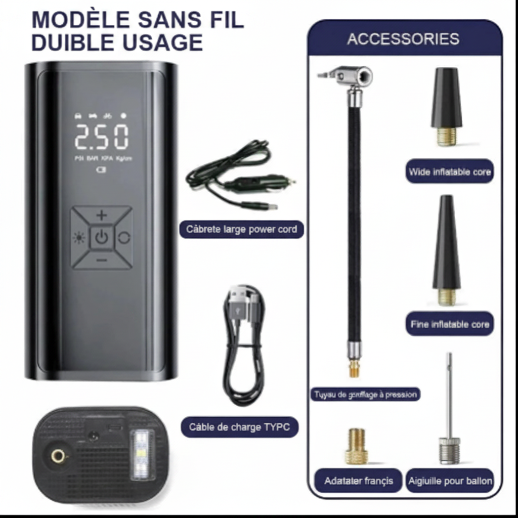 Compresseur d'Air Portatif 150PSI – Gonfleur de Pneu Sans Fil Intelligent | Voiture, Moto & Vélo
