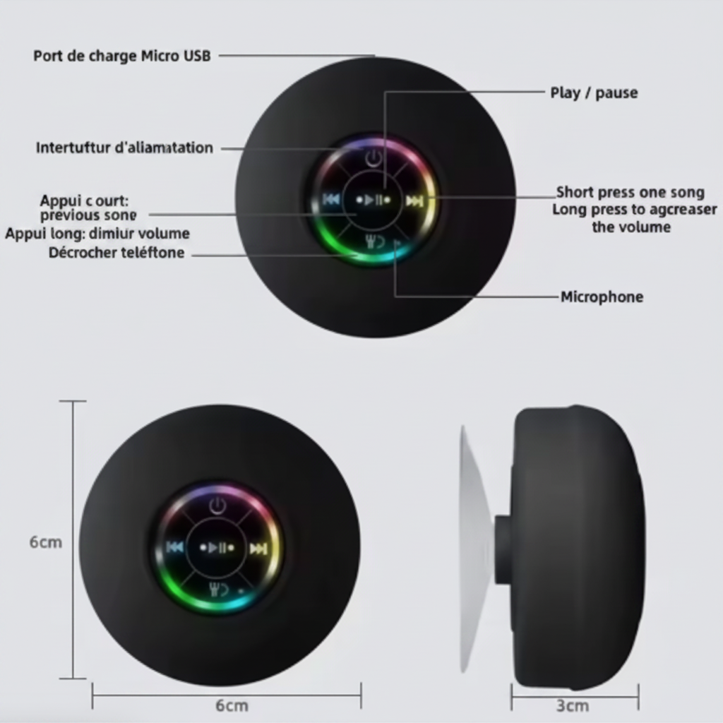 Enceinte Bluetooth Waterproof à Ventouse – Mini Portable LED | Douche, Sport & Plein Air